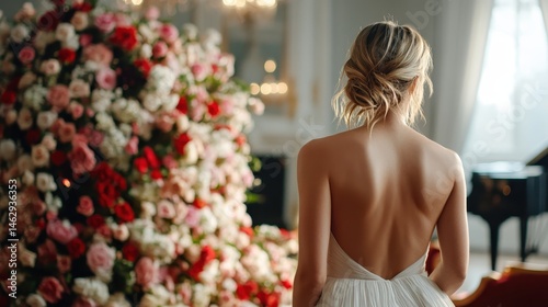 A graceful woman in a flowing dress stands with her back to the camera, framed by an extravagant backdrop of blooming roses, exuding elegance and beauty in a serene setting.