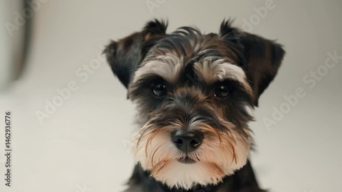Cute black and white schnauzer puppy looking at camera with friendly expression