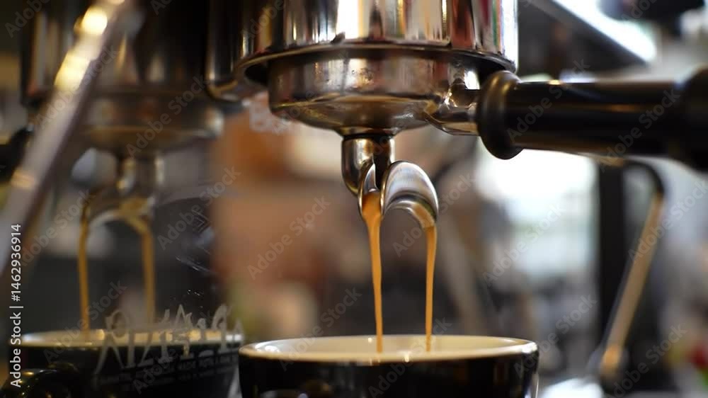 Eye Level Espresso Extraction From Silver Machine Into A Black Mug With Steam Close Up