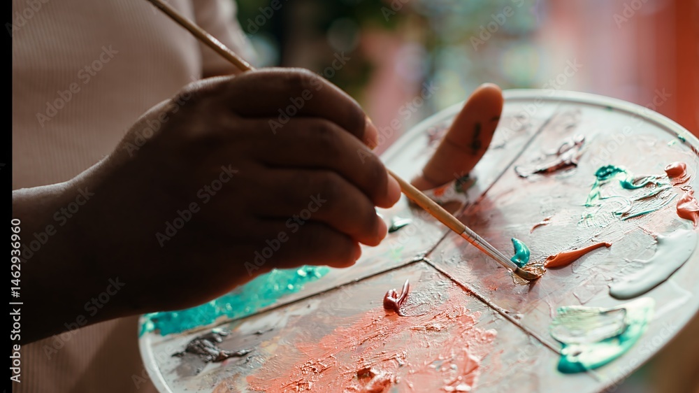 Artist mixes pigments to achieve the perfect dye shade in a workshop. Using professional art supplies to create a beautiful masterpiece on canvas, quality time in atelier. Close up. Camera A.