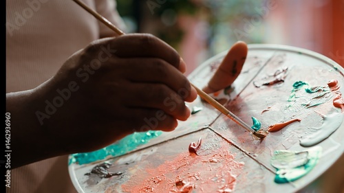 Obraz na płótnie Artist mixes pigments to achieve the perfect dye shade in a workshop. Using professional art supplies to create a beautiful masterpiece on canvas, quality time in atelier. Close up. Camera A. w salonie