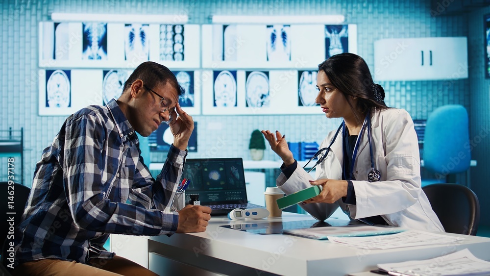 Indian medic giving a box of supplements and antibiotics at check up, offering support and prescription drugs for wellness. Male specialist recommends tablets with the right dosage. Camera B.