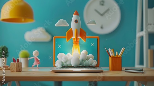 Orange and white rocket launching from laptop in creative kids’ room