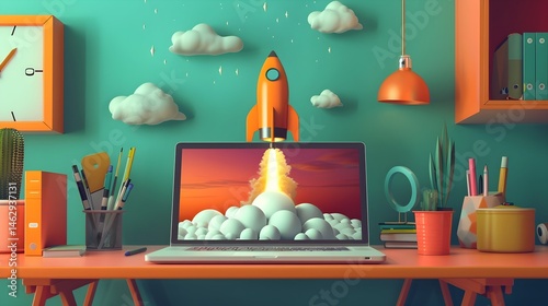 Orange rocket launching from laptop with orange sky on a colorful desk