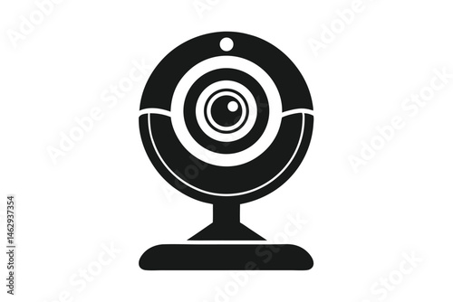 The monochrome webcam with its centered lens and connected base stands out clearly