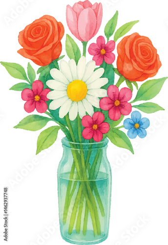 Watercolor Flower Bouquet in Glass Vase (Isolated PNG, Enhanced Vibrant Colors)