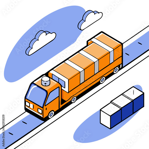 Isometric cargo truck illustration in orange and blue colors - transportation, logistics