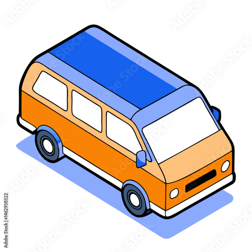 Isometric side view van illustration in orange and blue colors  - transportation, logistics