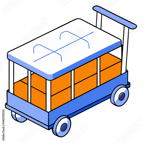 Isometric trolley cart illustration in orange and blue colors  - transportation, logistics