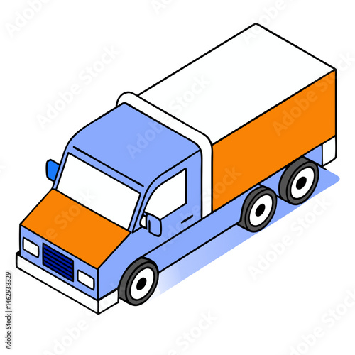 Isometric side view truck illustration in orange and blue colors  - transportation, logistics