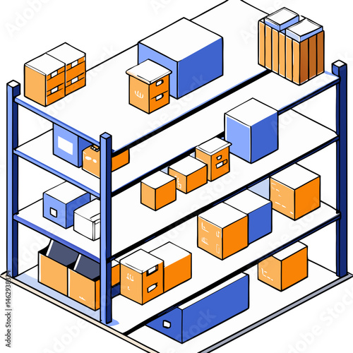 Isometric warehouse shelves illustration in orange and blue colors - transportation, logistics