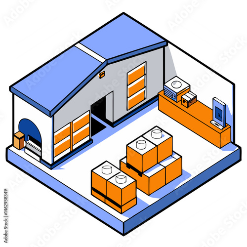 Isometric warehouse interior illustration in orange and blue colors - transportation, logistics - 2