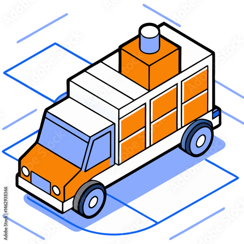 Isometric battery truck illustration in orange and white colors  - transportation, logistics photo