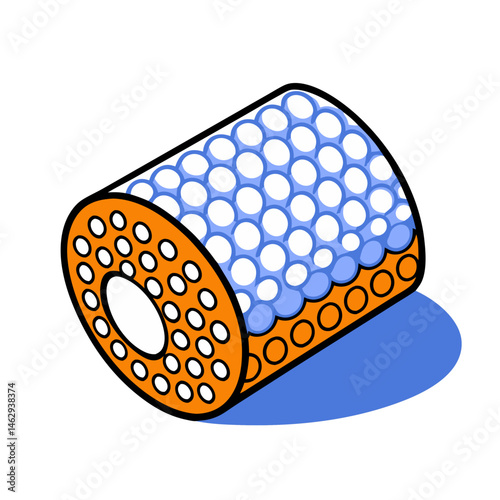 Isometric bubble wrap roll illustration in orange and blue colors - transportation, logistics