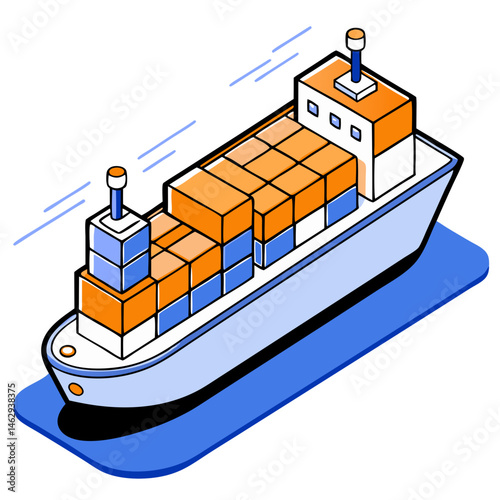 Isometric cargo ship illustration with orange and blue containers - transportation, logistics