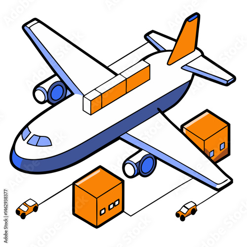 Isometric cargo plane illustration with orange boxes and cars  - transportation, logistics