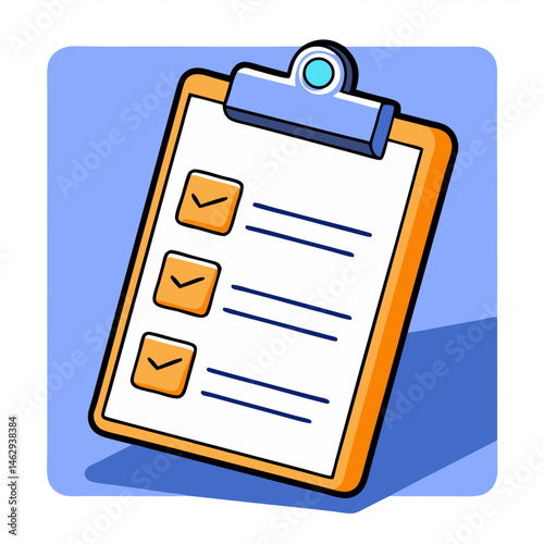 Isometric clipboard checklist illustration in orange and blue colors - transportation, logistics