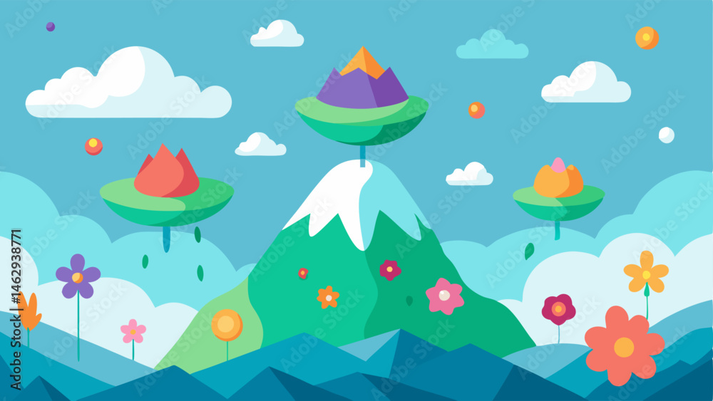 Fototapeta premium Floating Mountains A whimsical scene featuring a series of mountains suspended in the sky each with lush greenery cascading down its sides. Colorful oversized flowers float around