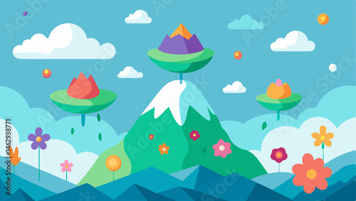 Floating Mountains A whimsical scene featuring a series of mountains suspended in the sky each with lush greenery cascading down its sides. Colorful oversized flowers float around
