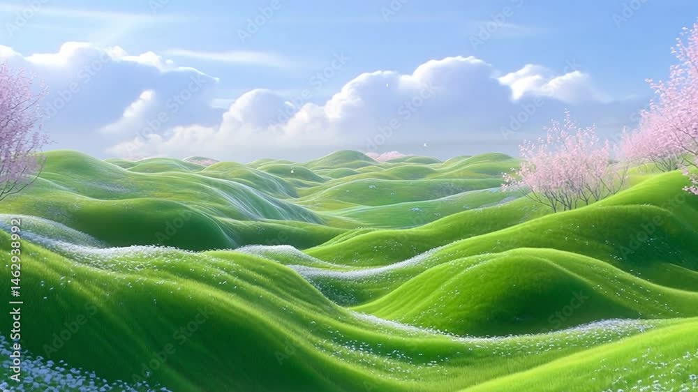 Serene landscape with rolling green hills and blooming cherry trees in soft light during springtime