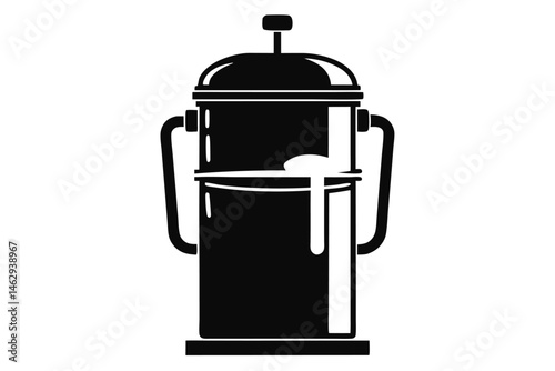 Black illustration features a modern French press style coffee maker on white