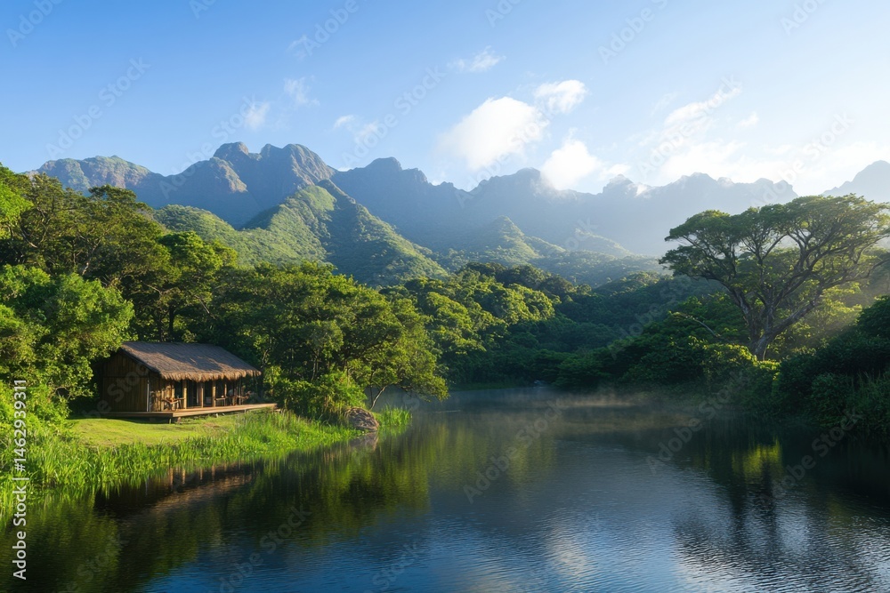 Fototapeta premium Tranquil lakeside cabin surrounded by lush mountains and greenery at sunrise