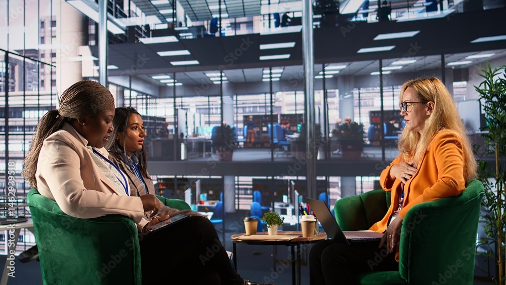 Stressed angry business partners yelling at each other in a fight, being disappointed about the crisis and strategy failure. Frustrated irritated women arguing with dissatisfaction. Camera B.