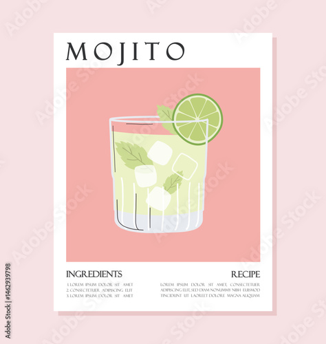 Summer drink poster cartoon flat. Mojito cocktail recipe concept wall art. Trendy print