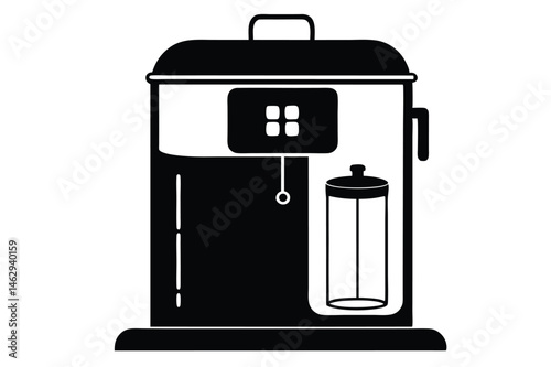 Stylish black and white coffee maker presents a carafe and controls clearly