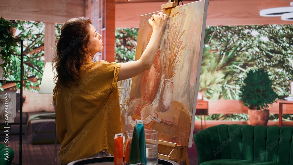 Skilled painter stands before a canvas painting a watercolor rustic artwork. Artist showing her skill and brush technique as she mixes dyes, creating a multicolored masterpiece. Camera B.