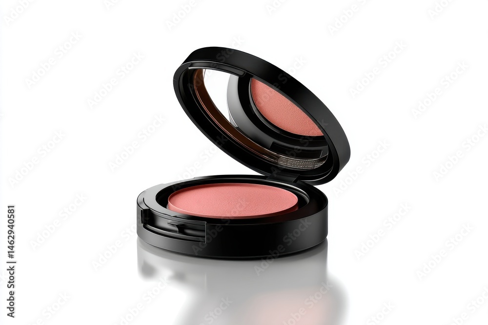 Close-up studio shot of a stylish, open blush compact with a mirror, showcasing the vibrant color of the makeup against a clean, white background, perfect for beauty and fashion.