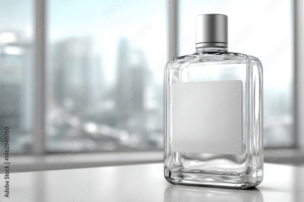 An elegant transparent perfume bottle stands with a blank label, set against a blurred city skyline creating a sophisticated, modern and minimalist aesthetic display. An elegant transparent perfume bottle stands with a blank label, set against a blurred city skyline creating a sophisticated, modern and minimalist aesthetic display.