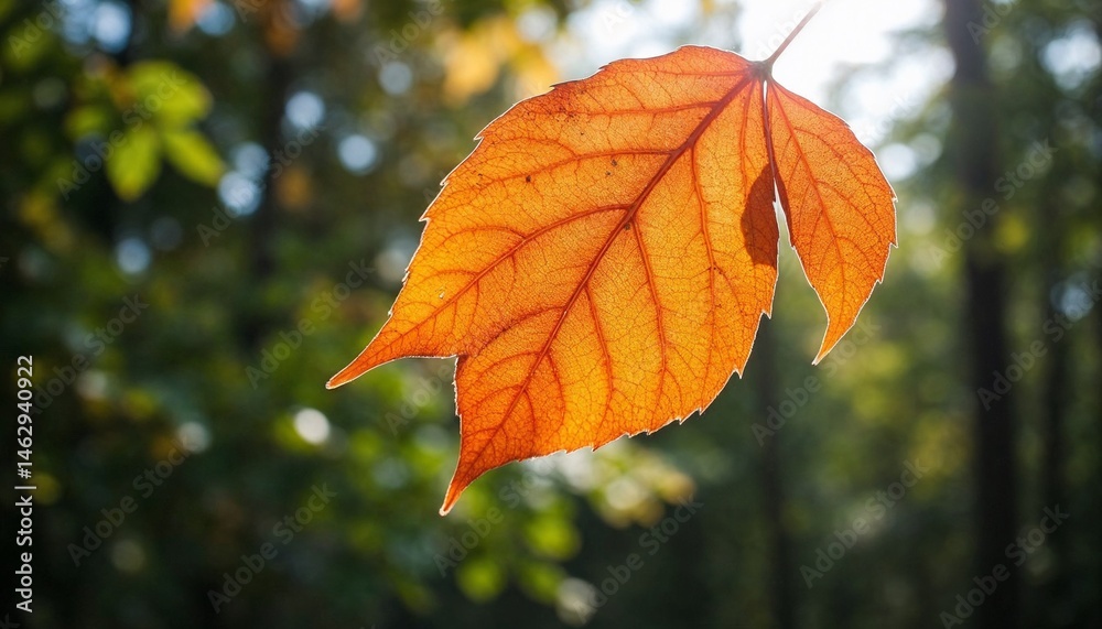 Obraz premium Vibrant orange leaf glowing in sunlight against forest background 