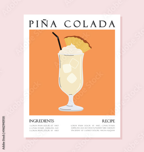 Summer drink poster cartoon flat. Pina Colada cocktail recipe concept wall art. Trendy print
