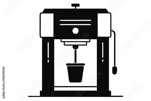 Coffee machine silhouette dispenses beverage into the cup, showcasing simplicity and functionality in design