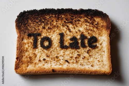 A slice of burnt toast with the words 'To Late' scorched into the surface, creating a humorous and cautionary food concept about timing and procrastination.
