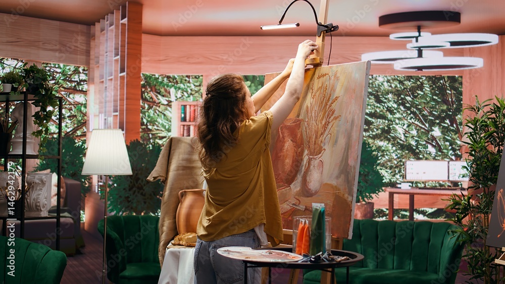 Female painter using watercolor paint and mixing colors on palette for her artistic creation in fine art workshop. Woman painting rustic elements on canvas, creative process in atelier. Camera B.