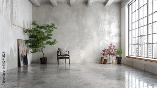 Minimalist art studio with concrete floor and paintable wall (mockup)  photo