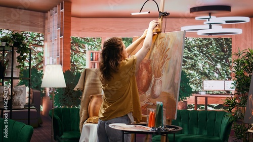 Obraz na płótnie Female painter using watercolor paint and mixing colors on palette for her artistic creation in fine art workshop. Woman painting rustic elements on canvas, creative process in atelier. Camera B. w salonie