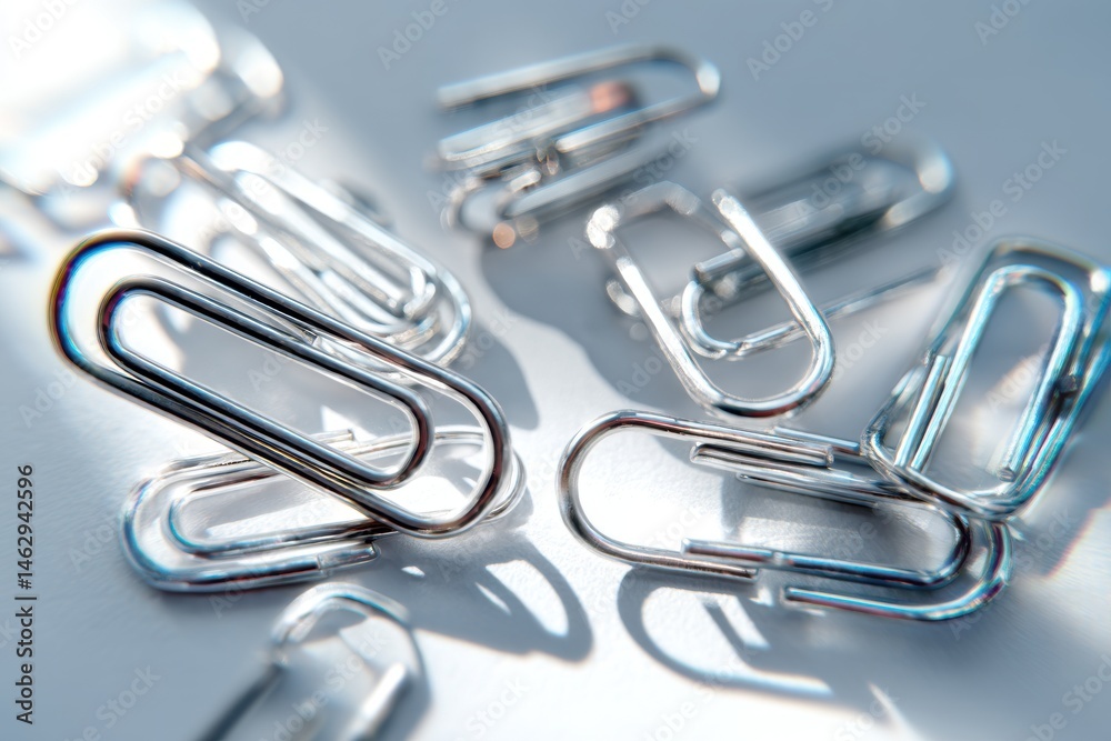 A close-up studio shot of multiple paper clips arranged on a surface with strong lighting, creating highlights and shadows, perfect for office or stationery concepts. A close-up studio shot of multiple paper clips arranged on a surface with strong lighting, creating highlights and shadows, perfect for office or stationery concepts.