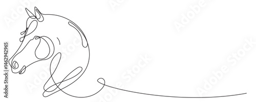 Line Art Horse Head. One Continuous Line Drawn Portrait. Lunar Calendar Symbol Mascot Animal. Wavy Curved Contour Sketch. Horse Graphic Thin Stroke Outline Design.  