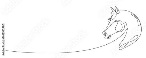 Line Art Horse Head. One Continuous Line Drawn Portrait. Lunar Calendar Symbol Mascot Animal. Wavy Curved Contour Sketch. Horse Graphic Thin Stroke Outline Design.  