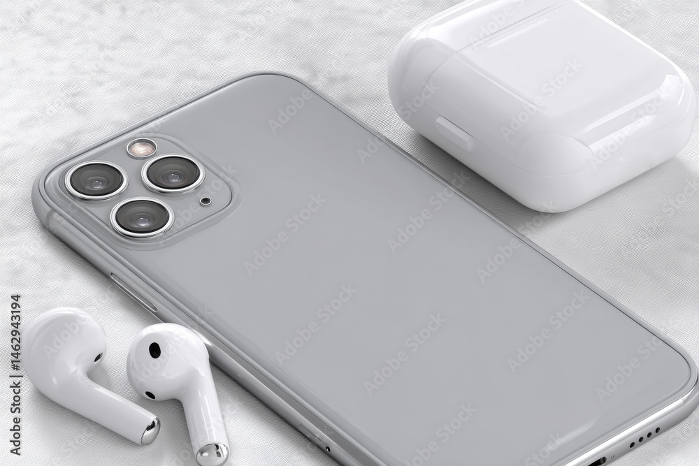 Modern smartphone with triple lens camera, wireless earbuds and charging case on textured surface. Minimalist tech lifestyle product shot with neutral tones. Modern smartphone with triple lens camera, wireless earbuds and charging case on textured surface. Minimalist tech lifestyle product shot with neutral tones.
