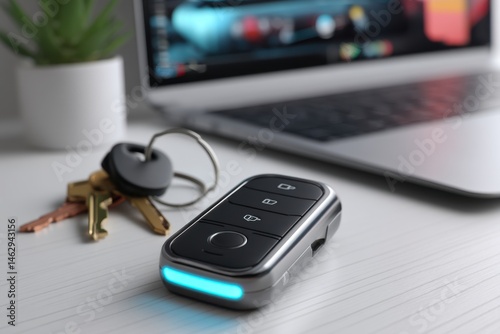 Remote car key on a white table with modern laptop in the background, showing tech innovation and convenience for car owners.