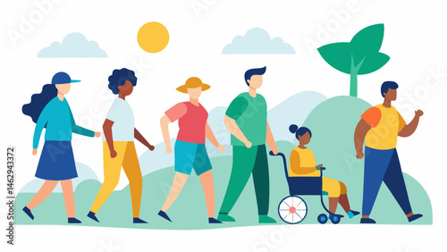 Inclusive Community Event A group of diverse hikers including people with disabilities engaging in a guided trail walk showcasing community events focused on inclusivity and shared