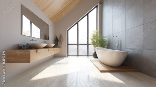 Minimalist bathroom with sloped window and clear lines