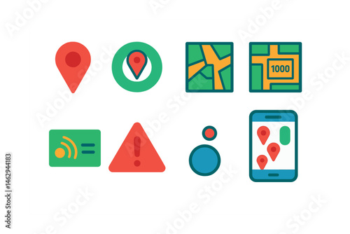 Flat vector icons of delivery zones and coverage: map pin icons, delivery radius circle, neighborhood area icon, zip code highlight, expanded coverage banner, delivery unavailable alert, zone