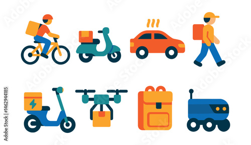 Flat vector icons of delivery transport: bicycle courier with bag, scooter with food crate, car with hot delivery sign, walking courier icon, electric moped, drone with food box, insulated backpack,