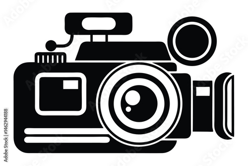Black outline depicts vintage television camera with lens and top mounted light source