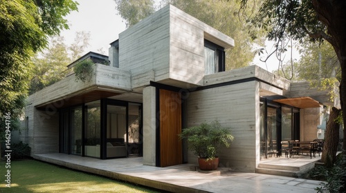 Minimalist cube house with layered concrete slabs and timber contrast 